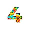 Number four of colourful candies and paper cut in shape of fourth numeral isolated on white. Festive eatable typeface