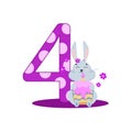 number four and a gray bunny with a cupcake in its paws
