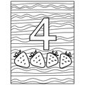 Number four learning page coloring, fruit and volumetric figure with a striped background for kids activity