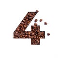 Number four made of coffee beans and paper cut in shape of fourth numeral isolated on white. Typeface for coffeehouse Royalty Free Stock Photo