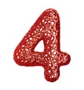 Number 4 four made of red plastic with abstract holes isolated on white background. 3d