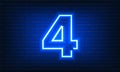 Number Four neon sign on brick wall background. Vintage blue electric signboard with bright neon light inscription. Fourth, Number