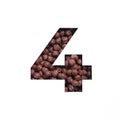 Number four of nutritional chocolate cereal balls, white paper cut in shape of fourth numeral. Typeface. Healthy dieting