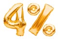 Number 4 four and percent sign made of golden helium inflatable balloons isolated on white. Gold foil numbers for web