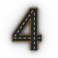 Number four symbols of the Figures in the form of a road with white and yellow line markings 3d rendering