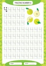 Number 4. Four Tracing Worksheet. Green Apple. Preschool worksheet, practicing motor skills - tracing dashed lines. A4