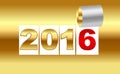 Number 2016. Golden background sheet of with curl. New Year background.