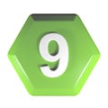 Number 9 green hexagonal push button - 3D rendering illustration Royalty Free Stock Photo