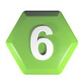 Number 6 green hexagonal push button - 3D rendering illustration Royalty Free Stock Photo