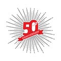 Number 50 with a greeting ribbon on the background of a salute. Congratulations on the 50 years anniversary. Editable vector