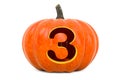 Number 3 Halloween Font. Pumpkin with carved 3, 3D rendering