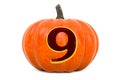Number 9 Halloween Font. Pumpkin with carved 9, 3D rendering