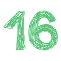 Number 16. Hand drawn line sketch digit. Children s drawing