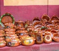 Number handmade clay ceramic decorated pots typical traditional mexican cooking utensil