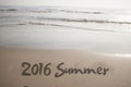 Number 2016 handwritten on seashore sand. Royalty Free Stock Photo