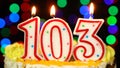 Number 103 Happy Birthday Cake With Burning Candles Topper.