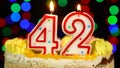 Number 42 Happy Birthday Cake Witg Burning Candles Topper.