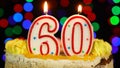 Number 60 Happy Birthday Cake Witg Burning Candles Topper.