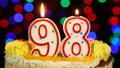 Number 98 Happy Birthday Cake Witg Burning Candles Topper.