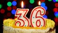 Number 36 Happy Birthday Cake Witg Burning Candles Topper.