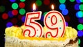 Number 59 Happy Birthday Cake Witg Burning Candles Topper.