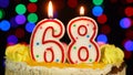 Number 68 Happy Birthday Cake Witg Burning Candles Topper.