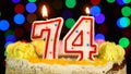 Number 74 Happy Birthday Cake Witg Burning Candles Topper.