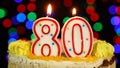 Number 80 Happy Birthday Cake Witg Burning Candles Topper.