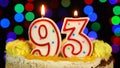 Number 93 Happy Birthday Cake Witg Burning Candles Topper.