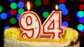 Number 94 Happy Birthday Cake Witg Burning Candles Topper.