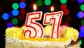 Number 57 Happy Birthday Cake Witg Burning Candles Topper.