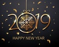 2019 number Happy New Year celebration luxury black background with christmas ball with snowflake, glitter confetti decoration. Royalty Free Stock Photo