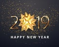 2019 number Happy New Year celebration luxury black background with gift ribbon bow and glitter confetti decoration Royalty Free Stock Photo