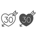 Number 30 in heart pierced by arrow line and solid icon, love and relationship concept, thirty vector sign on white Royalty Free Stock Photo