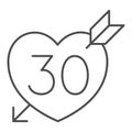 Number 30 in heart pierced by arrow thin line icon, love and relationship concept, thirty vector sign on white Royalty Free Stock Photo