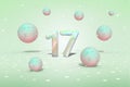 Number 17 in holographic design, flying shiny balls neon blue, pink colors and gold confetti on light green background,