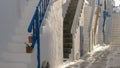 A number of house steps in the town of chora on mykonos, greece