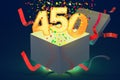 Number 450 inside gift box with confetti and shiny light, 3D rendering