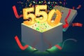 Number 550 inside gift box with confetti and shiny light, 3D rendering