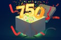 Number 750 inside gift box with confetti and shiny light, 3D rendering