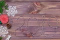 Number 2019 is laid out from New Year`s beads. Christmas decoration with thuja branches, snowflakes, pine cones and candy Royalty Free Stock Photo