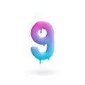 Number 9 logo. Colored paint nine icon with drips. Dripping liquid symbol. Isolated art concept vector.