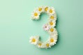 Number 3 made of beautiful daisies on light green background, flat lay. Generative AI