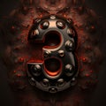 Number 3 made of black metal with red neon light on black background. 3D rendering Royalty Free Stock Photo