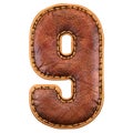 Number 9 made of leather. 3D render font with skin texture on white background. Royalty Free Stock Photo