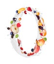 Number 0 made of milk splashes with fruits and berries, isolated on a white background Royalty Free Stock Photo