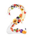Number 2 made of milk splashes with fruits and berries, isolated on a white background Royalty Free Stock Photo