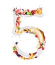 Number 5 made of milk splashes with fruits and berries, isolated on a white background Royalty Free Stock Photo