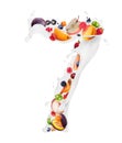 Number 7 made of milk splashes with fruits and berries, isolated on a white background Royalty Free Stock Photo