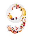 Number 9 made of milk splashes with fruits and berries, isolated on a white background Royalty Free Stock Photo